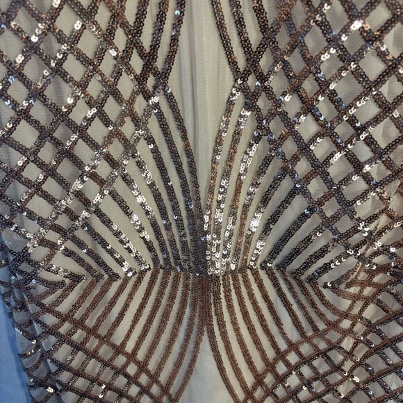 Sequined Beige and Bronze Evening Dress With Intricate Geometric Patterns - Picture 4 of 15